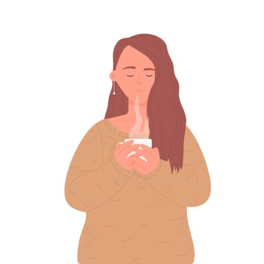 Young gitl with mug of hot tea. Woman drinking hot coffee, tea break vector illustration