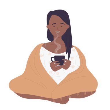 Girl in blanket drinking hot tea. Warm mug of coffee, hot chocolate cup vector illustration