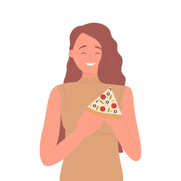 Happy Woman Eating Pizza Girl Holding Slice Italian Pizza Vector — Stockvektor
