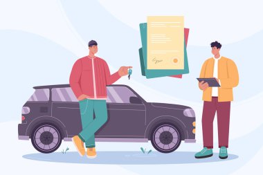 Contract for purchase or rental of car between buyer, seller or dealer vector illustration. Cartoon man holding key of new vehicle, deal signing agreement and trade over customer and salesman