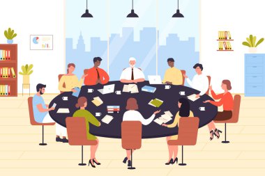 Ofis masasında oturan iş adamlarından oluşan takım çalışması. Konferansta karikatür ekibi toplantısı, çalışanlar ve başkan karakterleri fikir alışverişinde bulunmak ve fikir alışverişinde bulunmak için otururlar.