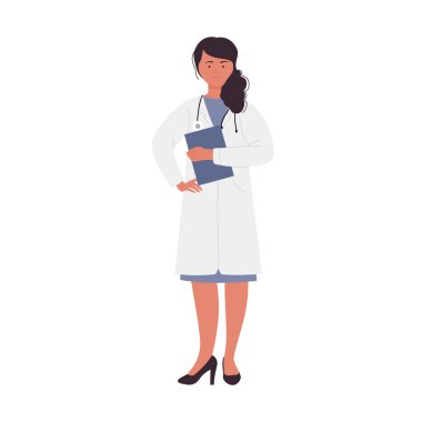 Test listesi olan bir kadın doktor. Üniformalı vektör illüstrasyonunda ayakta duran hastane çalışanı