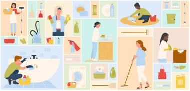 Temizlik seti ekipman ve önlüklü ve eldiven kareli kolaj geçmişi olan işçilerle dolu. Ev işleri için çizgi film koleksiyonu, deterjanlı sünger ve sabun, izole hizmetçi aletleri.