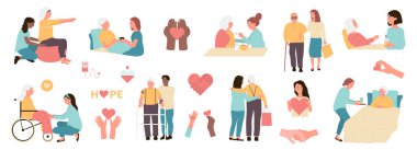 Fizyoterapi, rehabilitasyon, yaşlı bakım seti vektör çizimi. Çizgi film bakıcıları ve yaşlı hastalar yürüteç ve sopayla yürüyor, bakıcı yaşlı bayanı besliyor, yardım ediyor ve yardım ediyor.