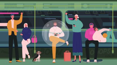 İçine kapanık kişi kişisel baloncuk konseptine eklenmiş. Korumacı bir şeffaf kürenin içinde, metro treni çiziminde diğer kişilerle oturan yalnız bir genç adam.