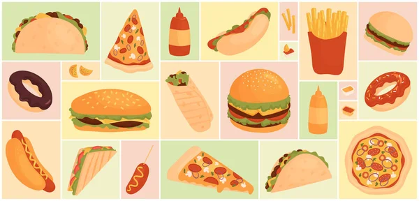 Tecknad Ohälsosam Fastfood Snacks Meny Samling Med Shawarma Burger Pommes — Stock vektor