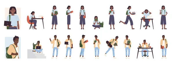 Cartoon Φοιτητής Σκούρο Δέρμα Αρσενικό Θηλυκό Κρατώντας Φλιτζάνι Καφέ Ποζάρουν — Διανυσματικό Αρχείο