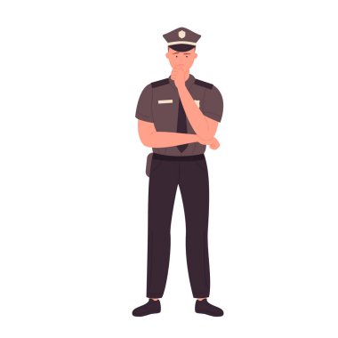 Kafası karışmış bir polis. Poz vektörü illüstrasyonunu düşünen polis memuru