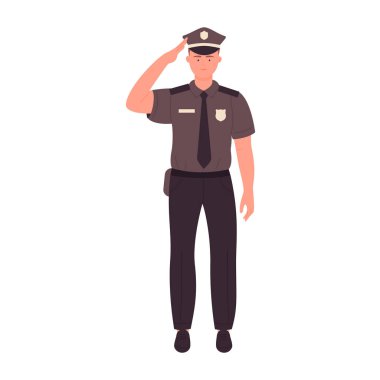 Selamlama pozisyonunda bir polis. Ayakta duran polis memuru vektör çizimi yapıyor.