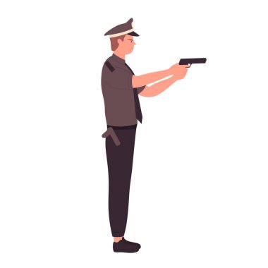 Polis ateş etme pozisyonunda. Silah vektör illüstrasyonlu polis memuru.
