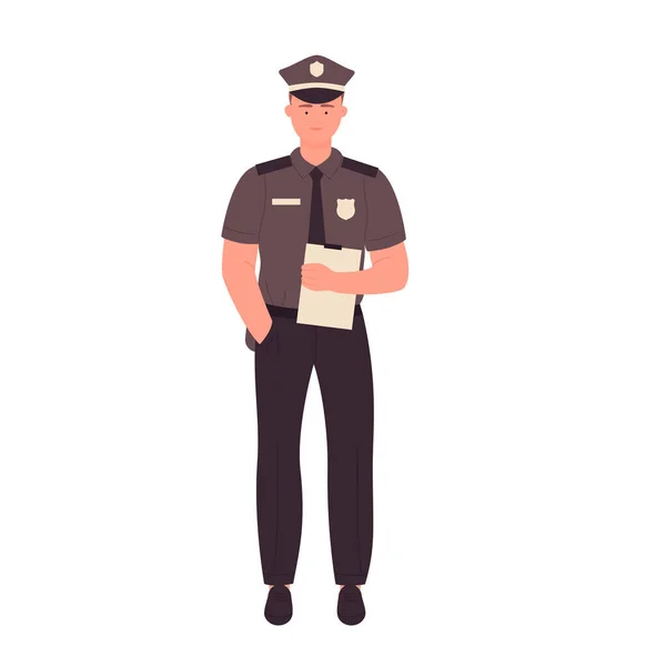 Policeman Holds Report Standing Police Officer Hand Pocket Vector Illustration — Stock Vector