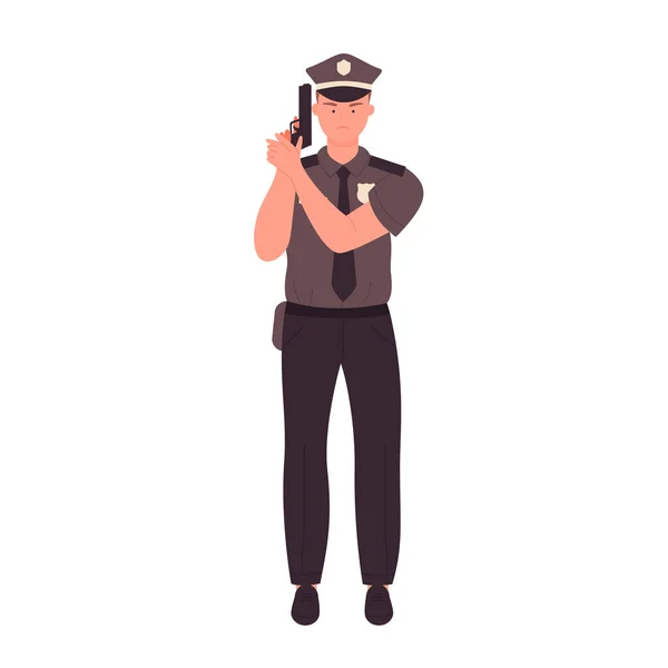 Boze Politieman Houdt Pistool Vast Veiligheidsagent Politieagent Uniform Vector Illustratie — Stockvector
