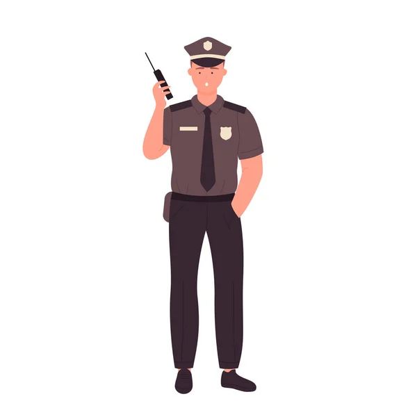 Rendőr Walkie Talkie Val Dolgozó Rendőr Rendőr Egyenruhás Vektor Illusztrációban — Stock Vector