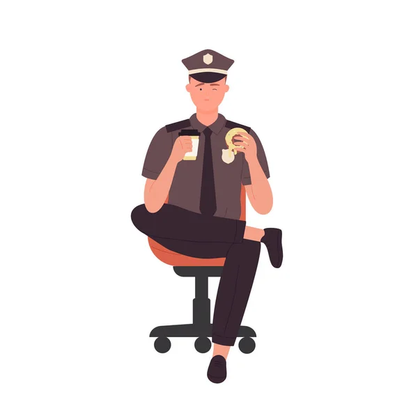 Policeman Chair Having Lunch Eating Police Officer Coffee Break Vector — Stock Vector