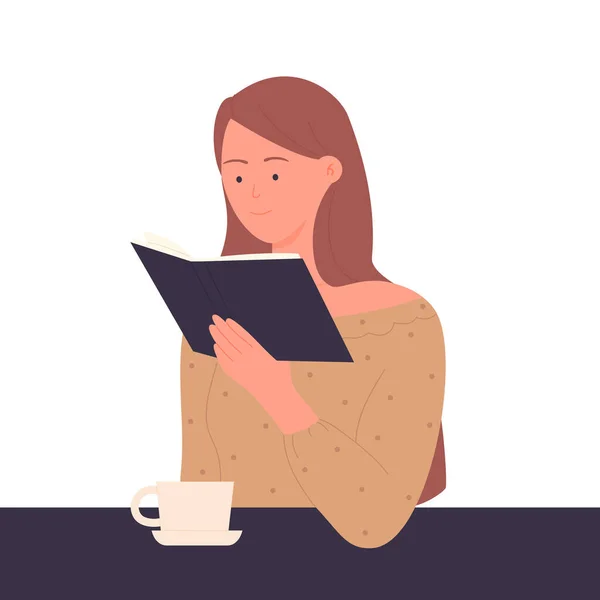 Κορίτσι Διαβάζει Και Πίνει Καφέ Εραστής Βιβλίων Διαβάζοντας Μια Ενδιαφέρουσα — Διανυσματικό Αρχείο