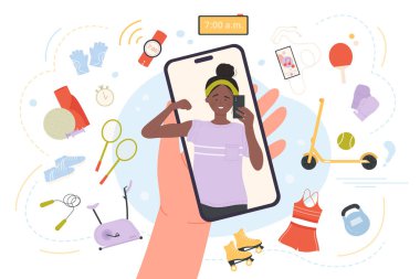 Sağlıklı yaşam tarzı ve spor egzersizleri için mobil uygulama vektör illüstrasyonu. Ekranda kaslarını gösteren mutlu fitness kızıyla el ele tutuşan çizgi film. Egzersiz ve sağlık için nesneler ve ekipmanlar.