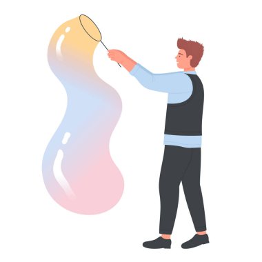 Köpük partisindeki dev balonlarla oral seks yapan bir adam. Çizgi film düz vektör çizimi.