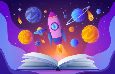 Fantezi uzayı, eğitim, bilim ve konsept vektör illüstrasyonu içeren sihirli kitabı aç. Çizgi film uzay gemisi, evrenin yıldızları ve gezegenleri ilginç kitap sayfaları üzerinde uçuyor.