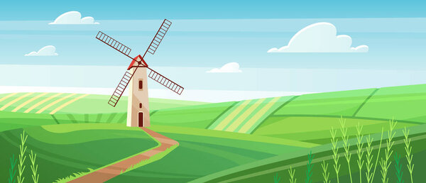 Cartoon cute sunny rural spring scene with country road to silo tower with wind turbine generator, countryside path through wheat green fields. Farm windmill in village landscape vector illustration.