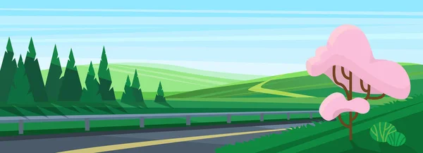 Cartoon Άσφαλτο Αυτοκινητόδρομο Για Υπαίθρια Περιπέτεια Και Ταξίδι Βράδυ Δρόμο — Διανυσματικό Αρχείο
