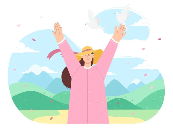 Счастливая Девушка Весеннем Парке Мультфильм Милая Молодая Женщина Шляпе Наслаждаясь — стоковый вектор