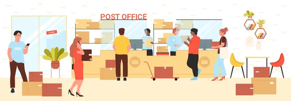 Klanten Bij Postkantoor Receptie Vector Illustratie Cartoon Mensen Met Behulp — Stockvector