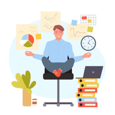 Ofis vektör illüstrasyonundaki çalışanın refahı ve sakin meditasyonu. Nilüfer pozisyonunda oturan profesyonel karikatür işadamı saat, kağıt belgeler ve ellerinin üzerinde veri simgeleri ile