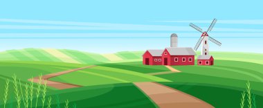 Çizgi film kırmızı ahır, silo kulesi ve rüzgar jeneratörü, çiftlik evlerine giden kırsal yol, yeşil tepeler boyunca uzanan yol. İlkbaharda köyde yel değirmeni olan bir çiftlik evi.