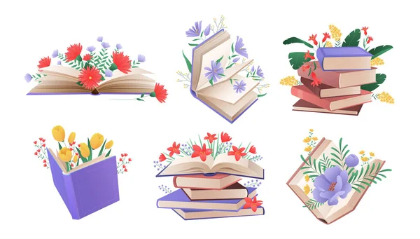 春と夏の花の本はベクトルイラストを設定します 漫画の隔離された山と庭の花束の配置と本や教科書のスタック ロマンチックな花の装飾と文学 — ストックベクタ