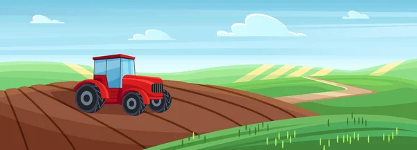 漫画農業機械作業 田舎の丘の上の小麦の黄色のフィールドでの農業 春と夏の季節に農家の農業作業 村の風景ベクトルのイラストのファームトラクター — ストックベクタ