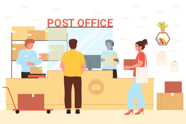 Postkantoor Vector Illustratie Cartoon Mensen Ontvangen Verzenden Pakketten Bij Balie — Stockvector