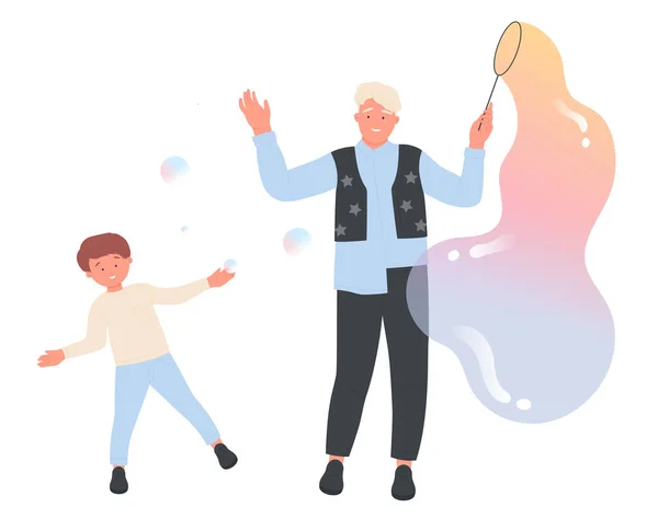 父子俩在泡沫派对上玩和吹肥皂泡大气球孤立漫画平面矢量插图 — 图库矢量图片