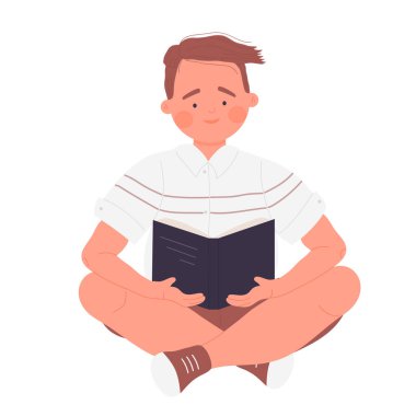 Oturan çocuk kitap okuyor. Öğrenim, okul ödevi, kitap aşığı illüstrasyonu.