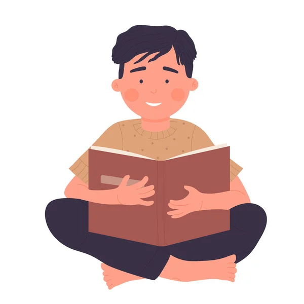 Lachende Jongen Die Het Boek Leest Lezen Hobby Activiteit School — Stockvector