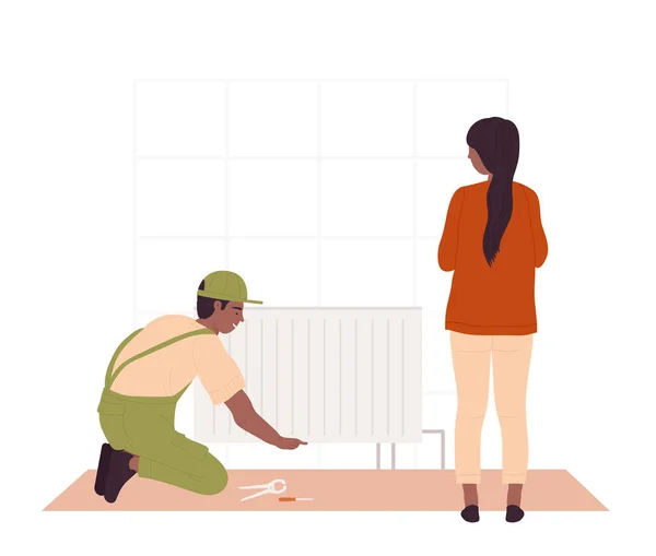Arbeiter Repariert Heizkörper Haus Reparieren Handwerker Renovierung Service Vektor Illustration — Stockvektor