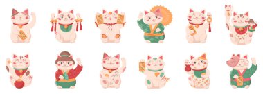 Japon şanslı kedileri vektör çizimi yaptılar. Japonya koleksiyonundan sevimli Maneki Neko karakterleri, Asya kawaii kedisi pençeleri, ellerinde oyuncak şans sembolleri, refah ve refah.