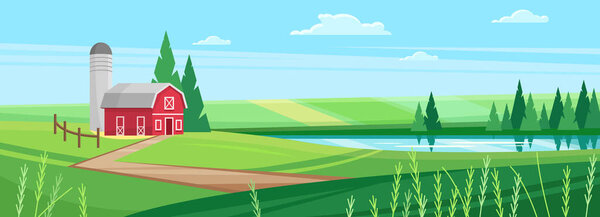 Cartoon cute sunny rural scene with red barn and hangar tower, country road through wheat fields with round haystacks, countryside farmland. Farm house in village spring landscape vector illustration.