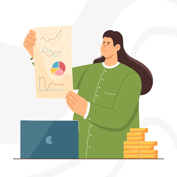 Výzkumné Vektorové Ilustrace Pro Finanční Analýzu Statistiku Údajů Cartoon Ženský — Stockový vektor