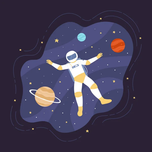宇宙飛行士は重力ベクトル図なしで宇宙に浮かぶ 太陽系における宇宙飛行士の発見の空間 異常な使命と旅に飛んでヘルメットと宇宙服の漫画失われた宇宙飛行士 — ストックベクタ