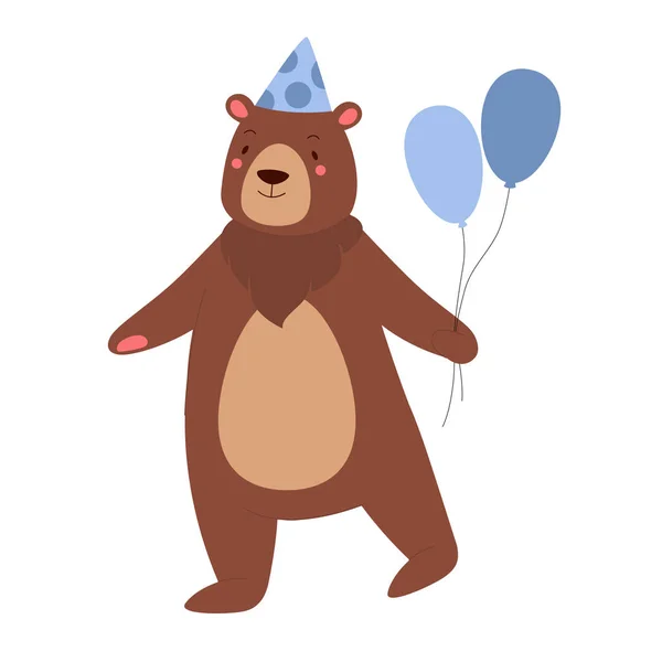 Party Bear Balloons Cute Happy Birthday Bear Forest Cheerful Animal — Stock Vector