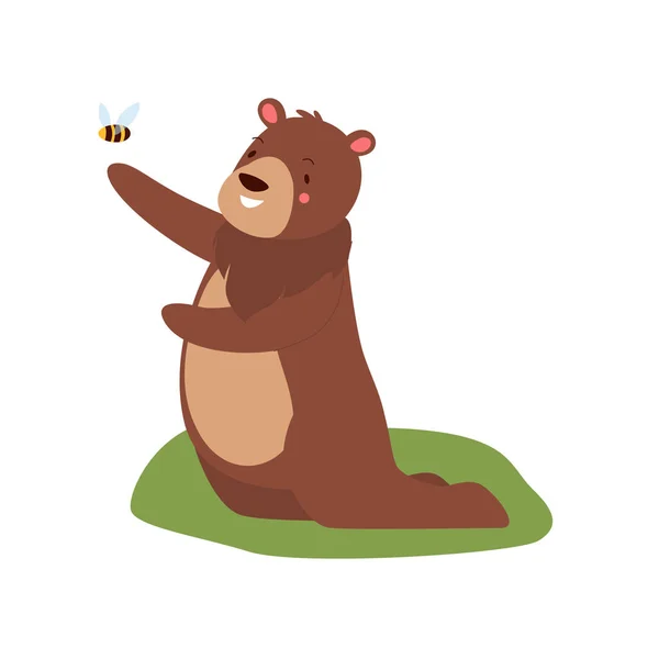 Милий Ведмідь Грає Бджолою Лісова Велика Тварина Коханець Меду Плюшевий — стоковий вектор