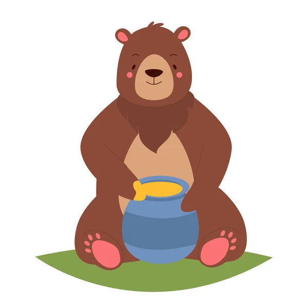 Χαριτωμένη Αρκούδα Τρώει Μέλι Εραστής Μελιού Αρκουδάκι Κάθεται Βάζο Μέλι — Διανυσματικό Αρχείο