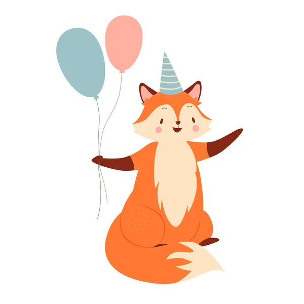 Netter Geburtstagskind Happy Fox Mit Luftballons Und Party Hut Vektor — Stockvektor