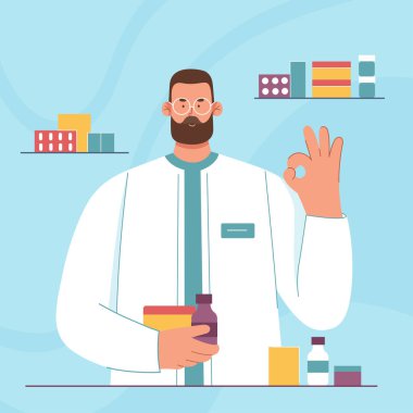 Eczacının elinde haplar ve ilaç vektör illüstrasyonu olan eczane. Çizgi filmdeki profesyonel eczane çalışanı karakteri eczacılık ürünleri ve ilaçlarla iyi niyet gösterisi yapıyor.