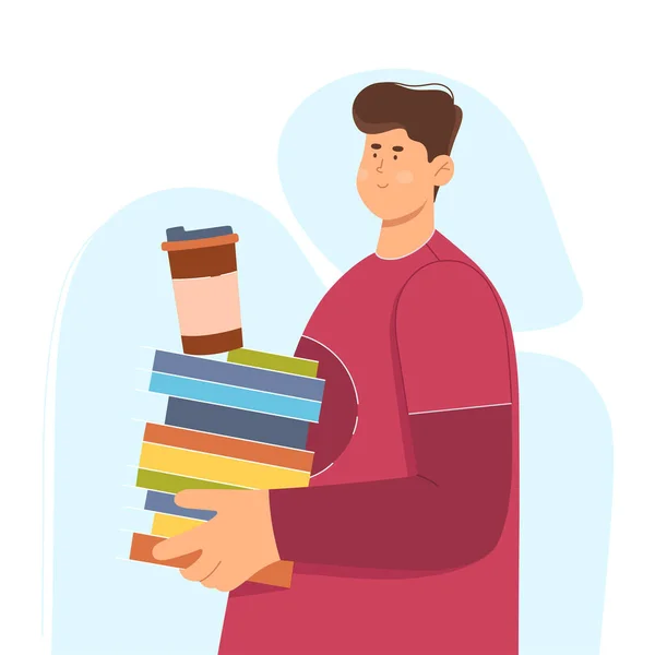 本やコーヒーベクトルイラストの紙コップのスタックを運ぶ学生 漫画の孤立した若い男を読むと勉強する教科書を保持し 大学や男の大学での試験の準備 — ストックベクタ