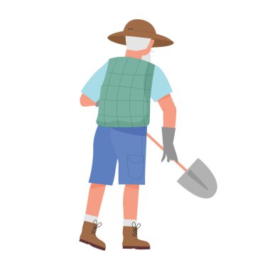 Kürekle çiftçinin arka görüntüsü. Çiftçilik faaliyeti, bahçe aletleri vektör illüstrasyonu