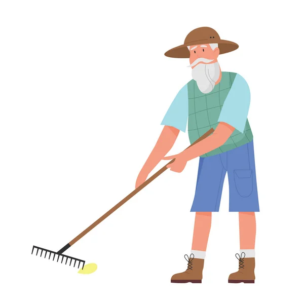 Homem Jardineiro Roubar Relva Atividade Agrícola Instrumentos Jardinagem Ilustração Vetorial — Vetor de Stock
