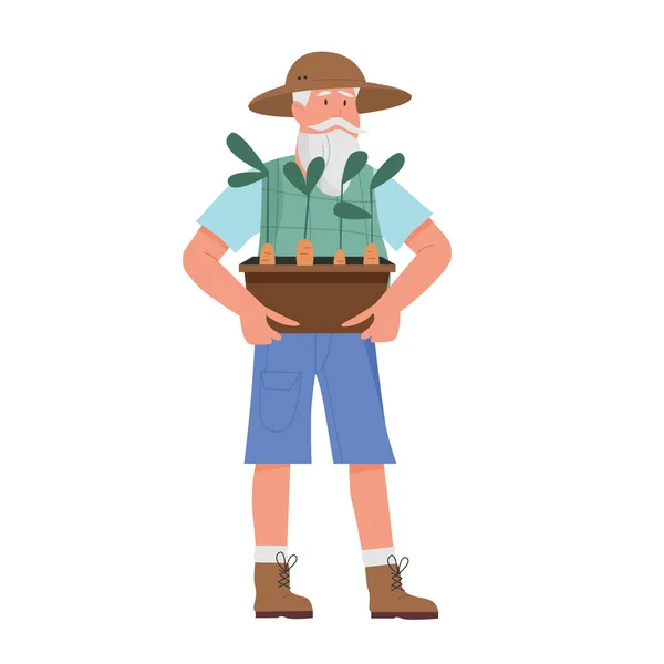 Homem Jardineiro Com Plantas Vaso Agricultor Com Brotos Processo Plantio — Vetor de Stock