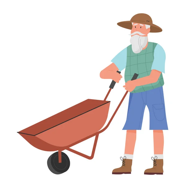 Fazendeiro Idoso Com Carrinho Mão Trabalhador Agrícola Actividade Agrícola Ilustração — Vetor de Stock