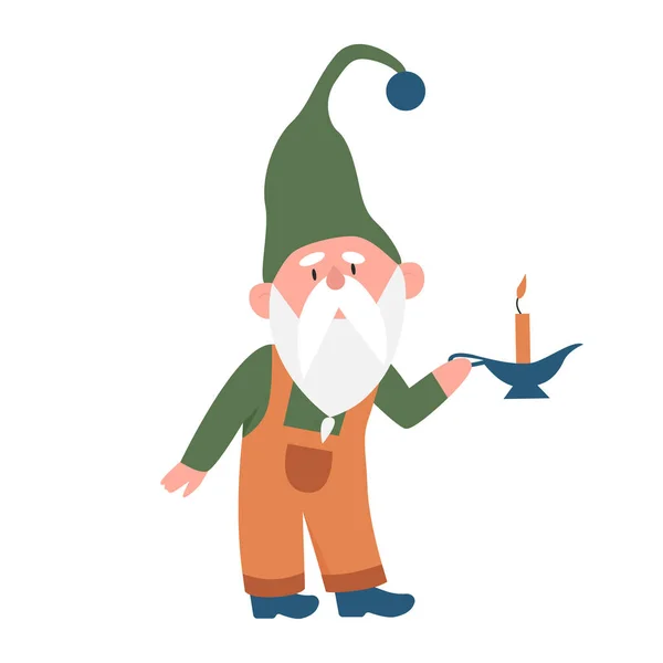 Gnome Com Vela Conto Fadas Personagem Bonito Anão Mágico Detém — Vetor de Stock